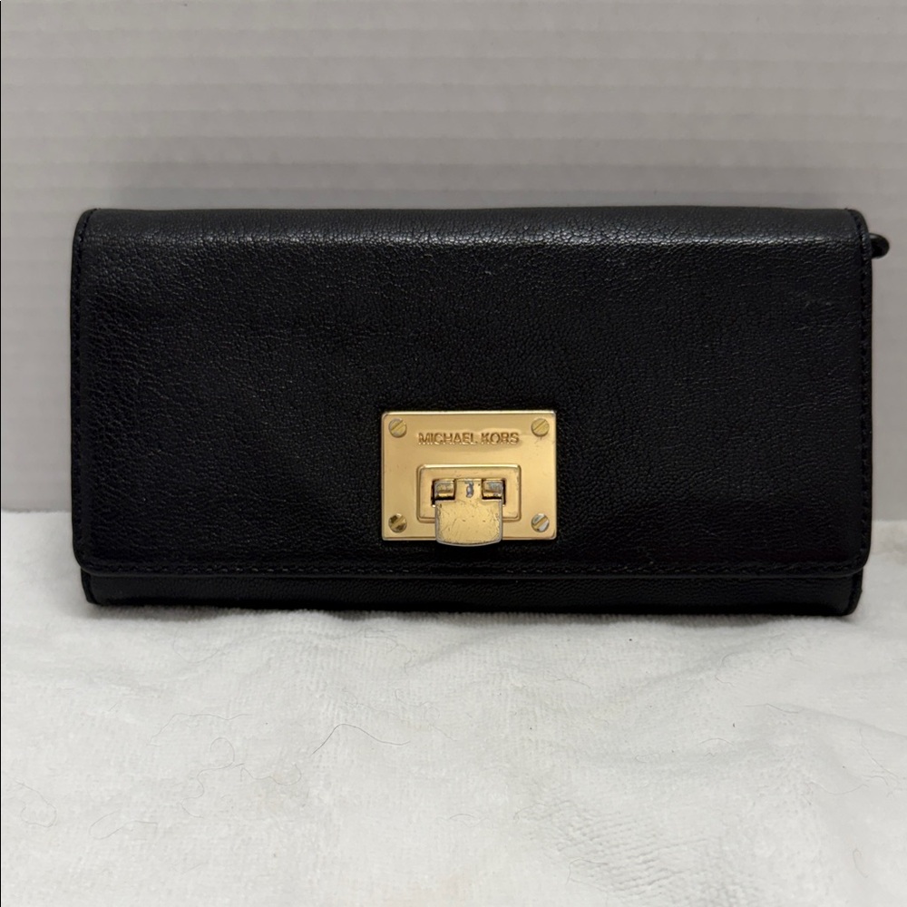 Michael Kors Black Leather Continental Wallet with Gold Plate Lock